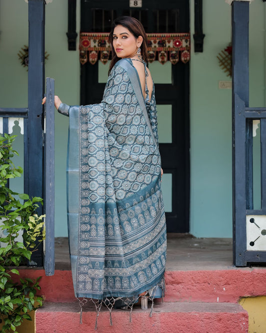 Teal blue color linen saree with blouse online