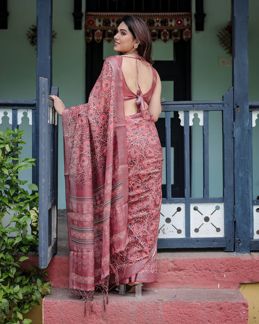 Maroon color linen printed saree for women