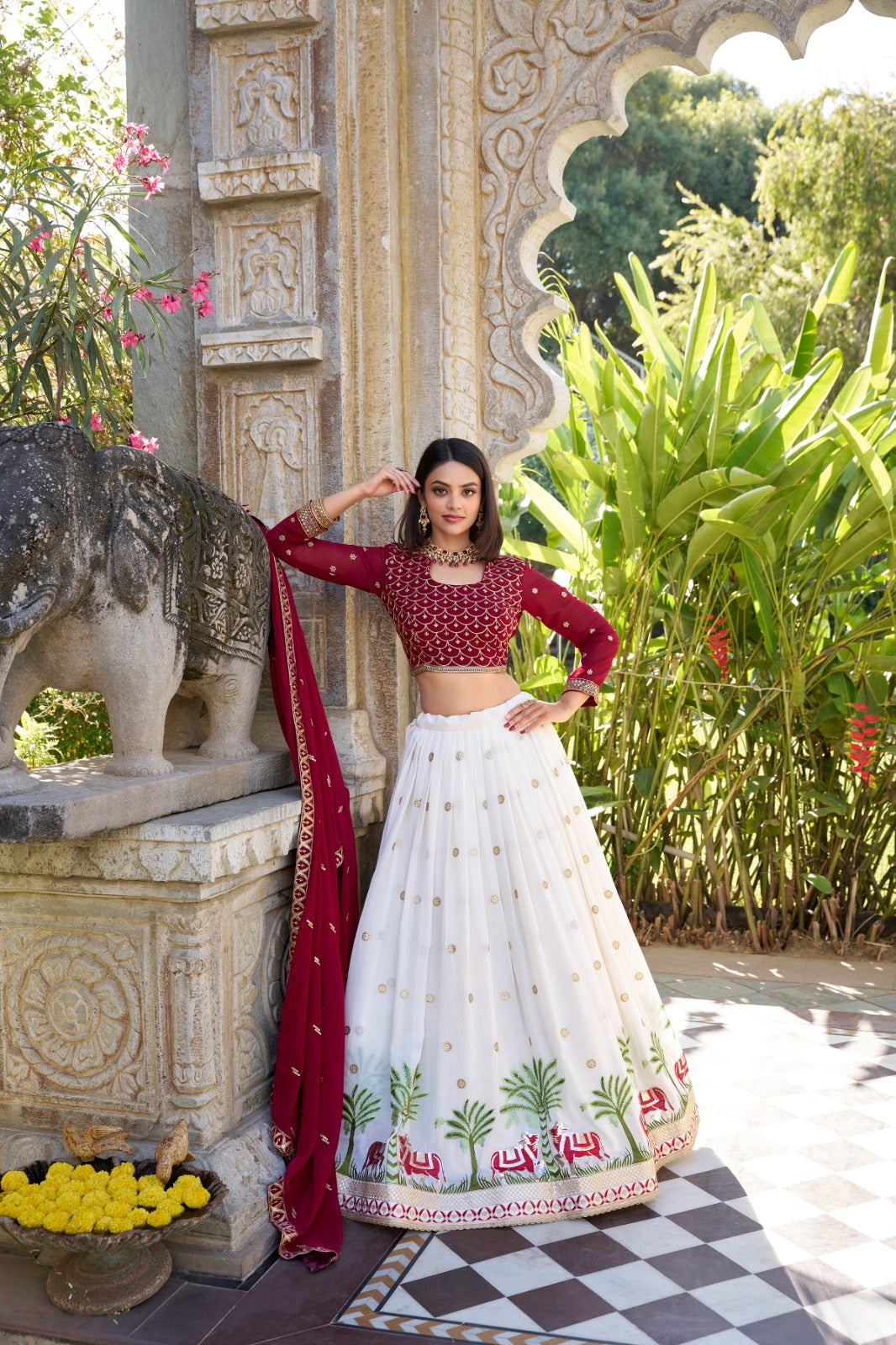 White color georgette lehenga choli for women online shopping