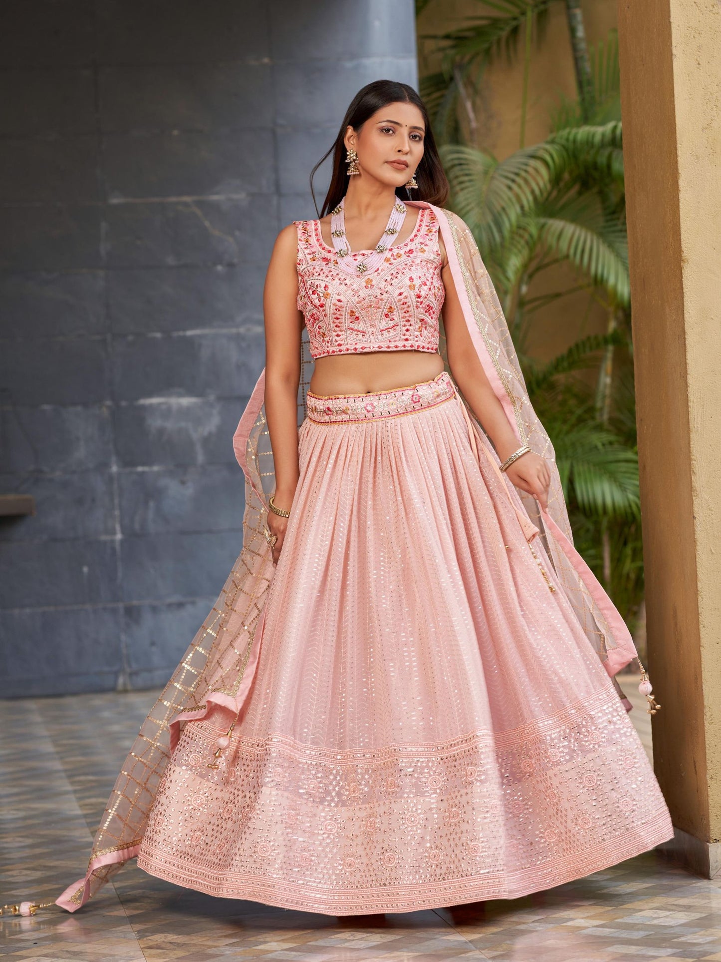 Simple georgette pink lehenga reception design