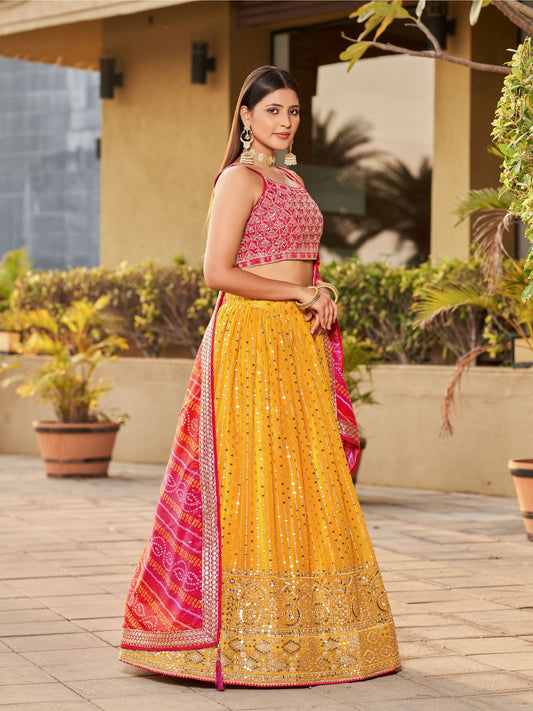 georgette Yellow lehenga With Pink Blouse