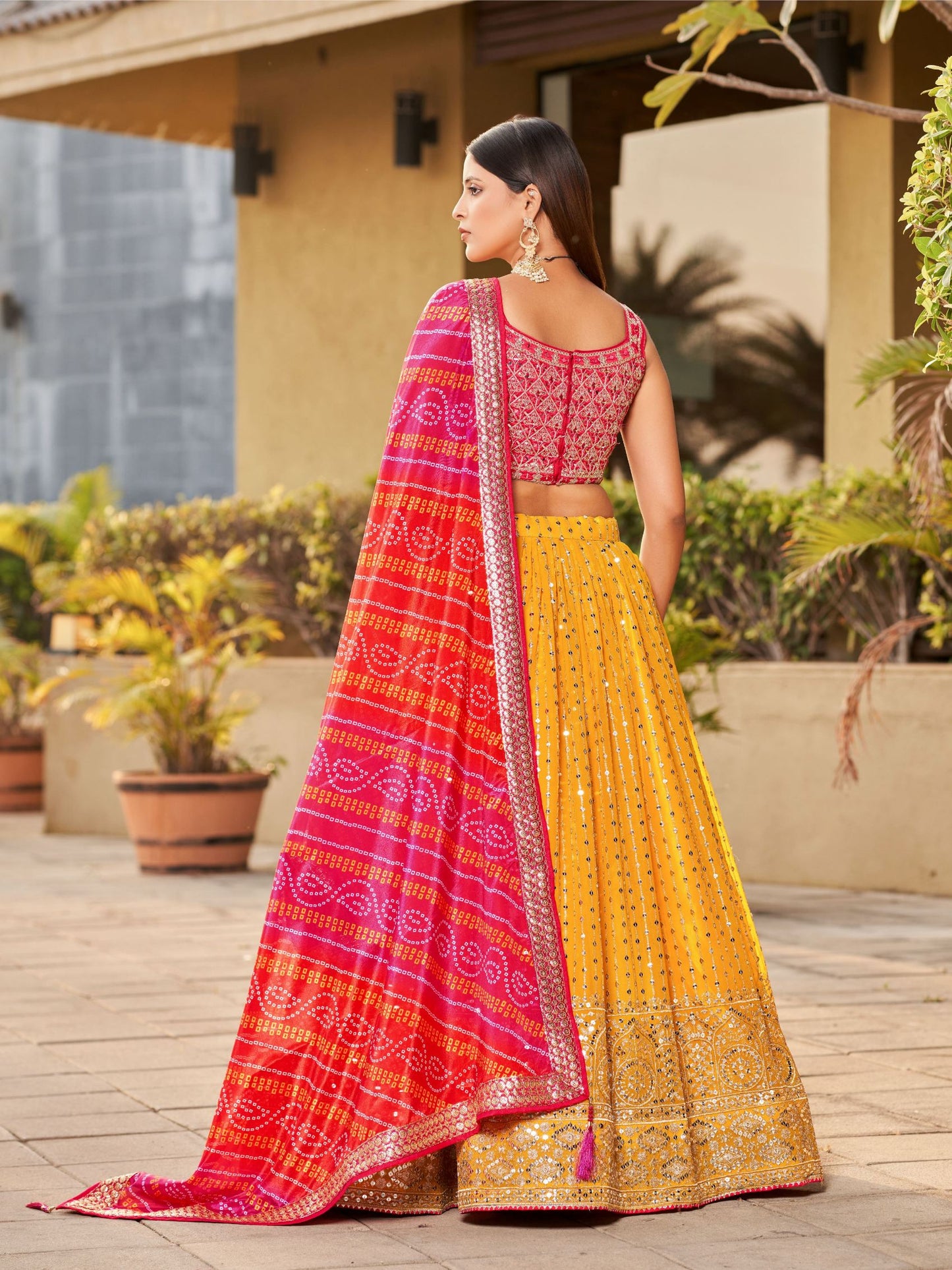 georgette Yellow lehenga With Bhadhani Dupatta