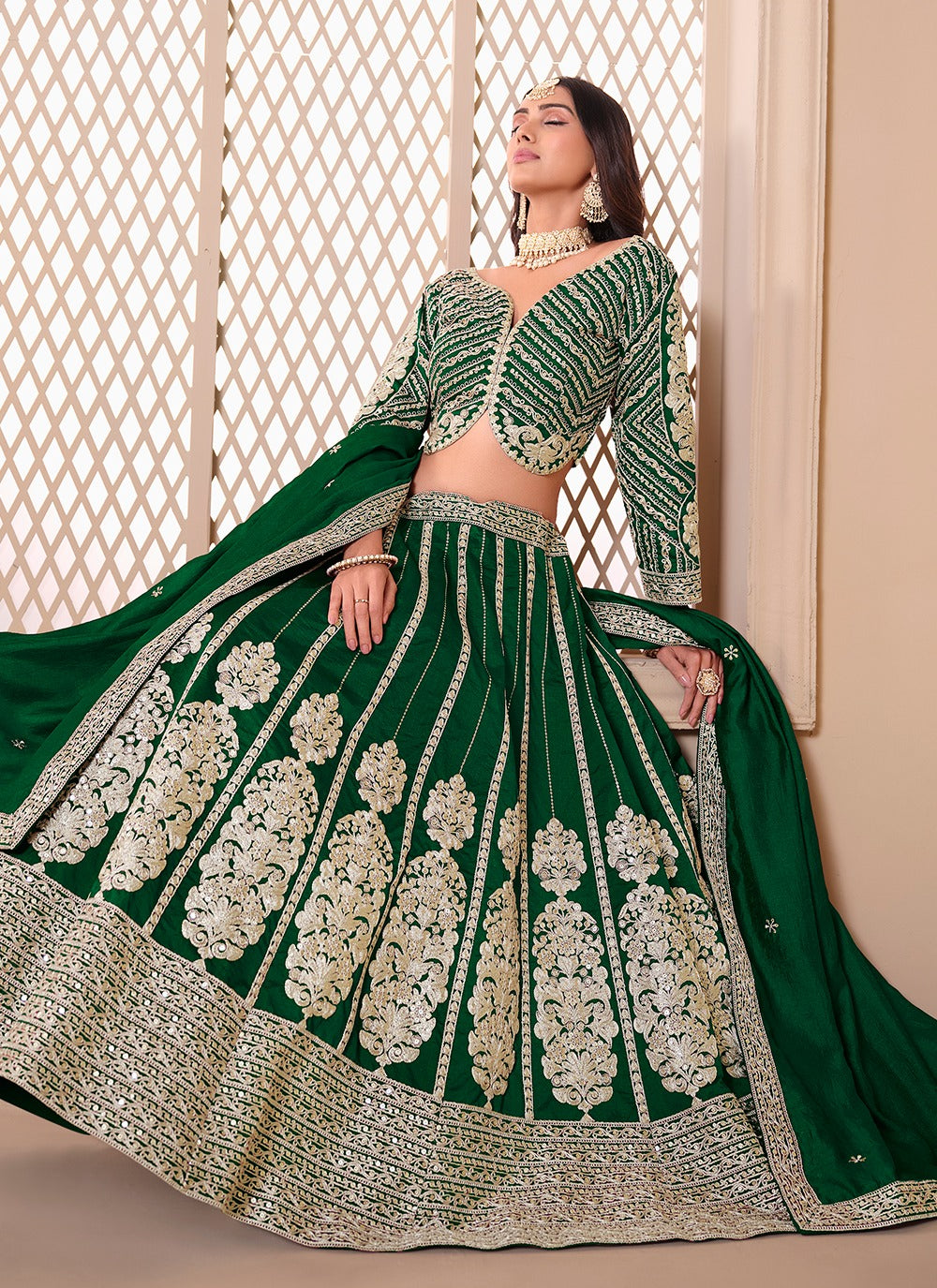Green color chinon lehenga choli with dupatta