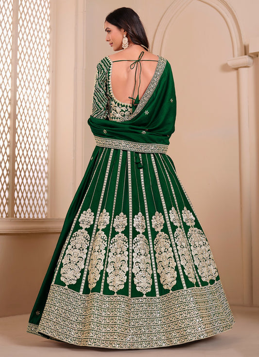 Green color chinon lehenga choli for wedding