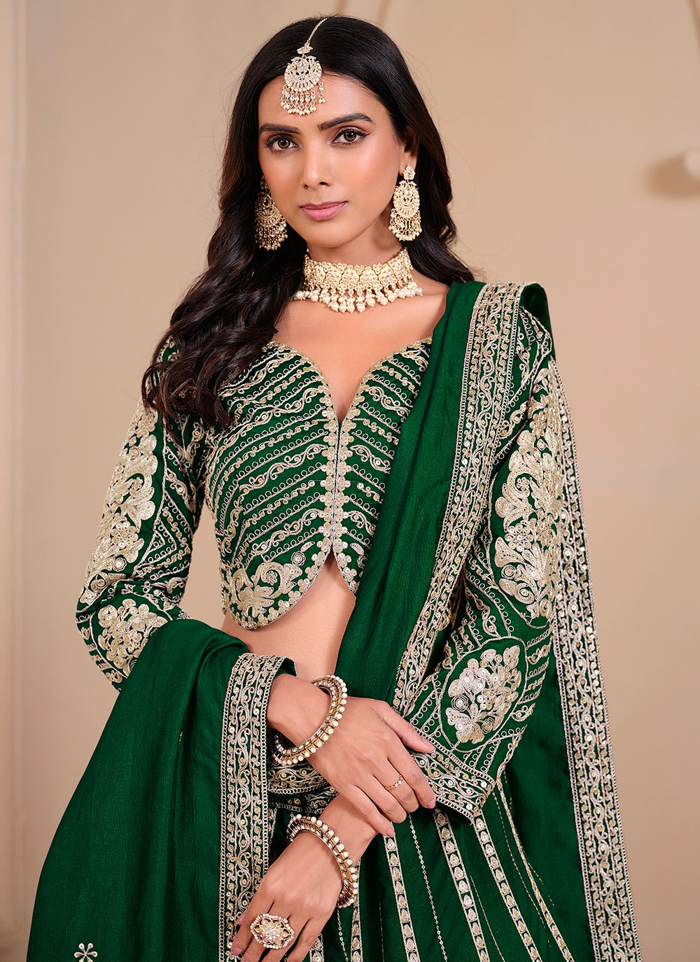 Green color chinon lehenga choli with online shopping
