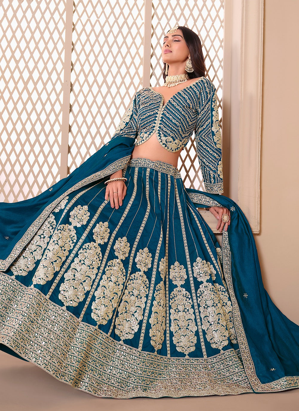 Rama color art silk lehenga choli with dupatta