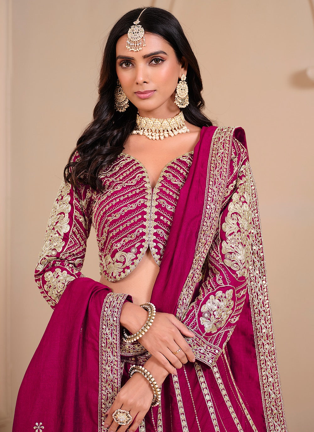 Rani pink color art silk lehenga choli images