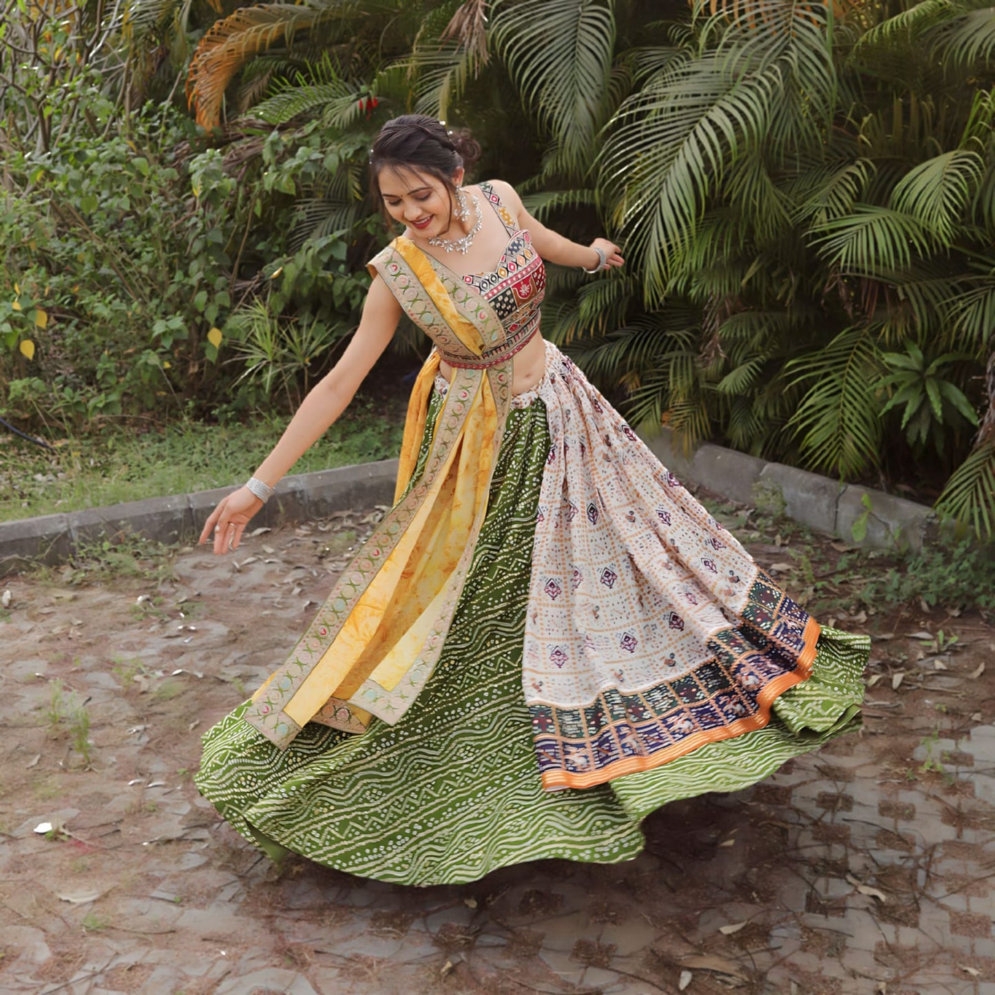 Green color slub cotton lehenga choli for women