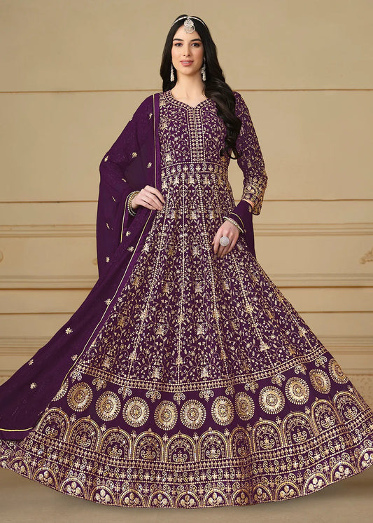 Long wine color georgette gown for women