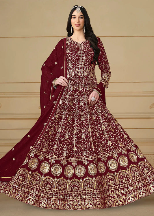 Long maroon color georgette gown for women