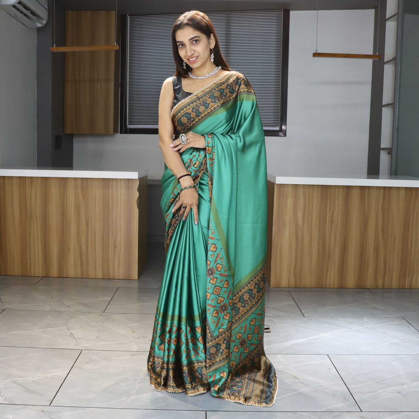 Teal green satin saree for women price