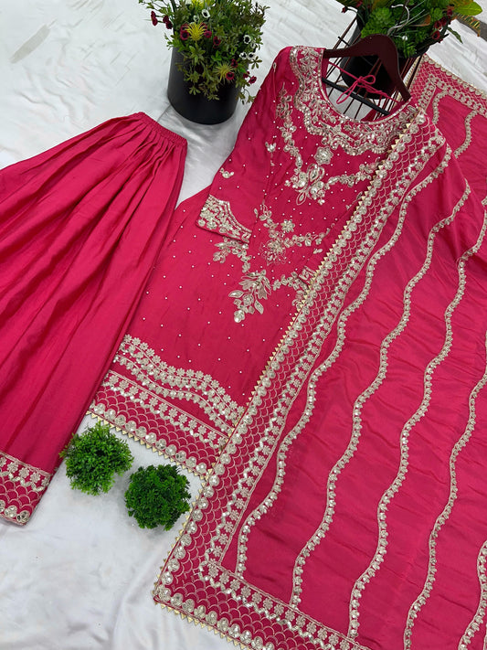 Pink color chinon silk sharara suit for wedding