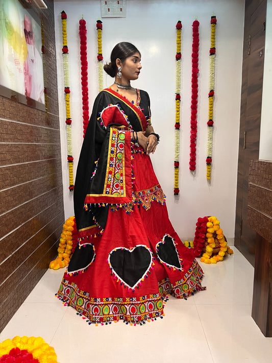 V-neck red ghagra choli for garba wear