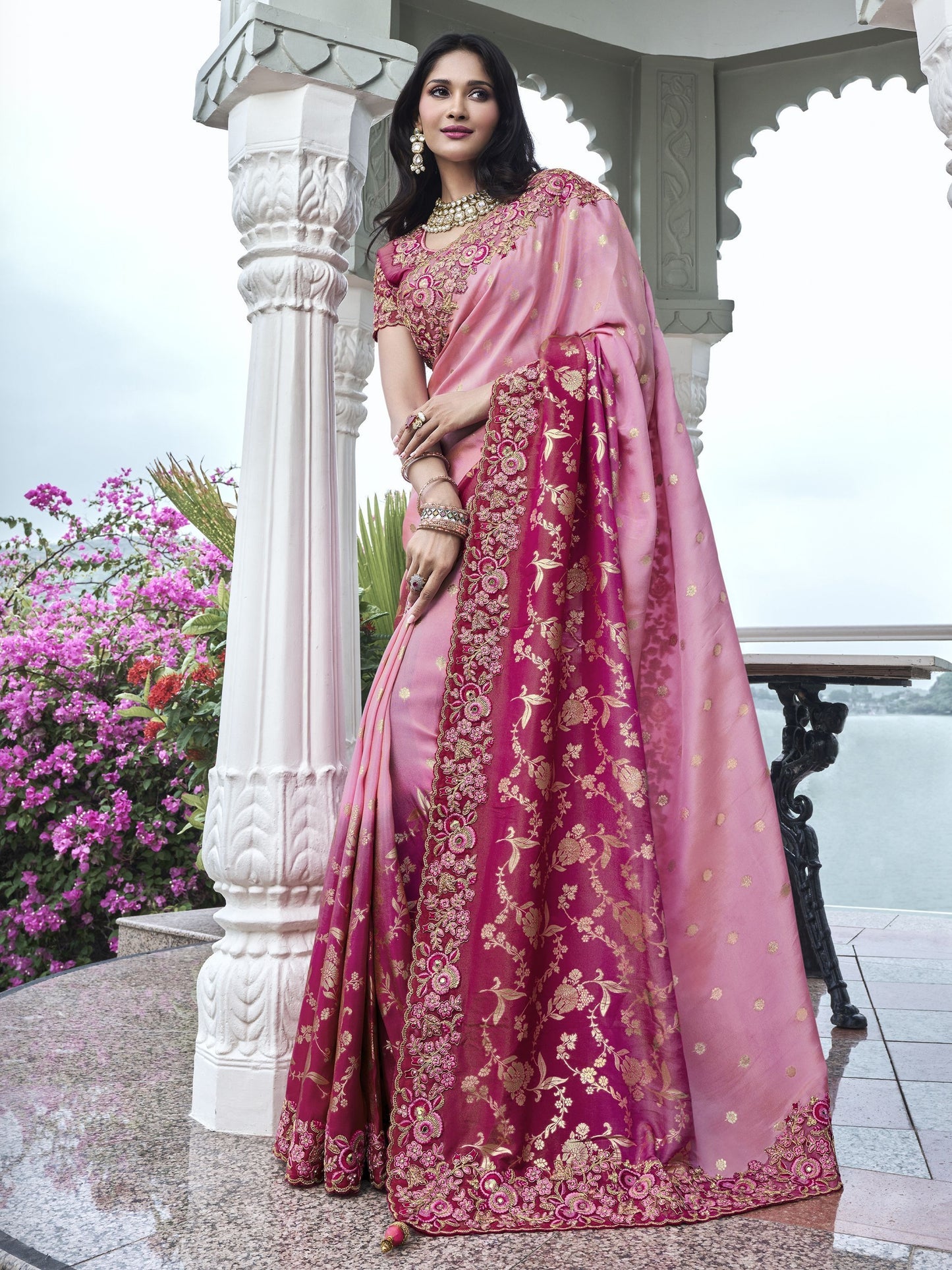 Pure pink color tissue silk saree for women