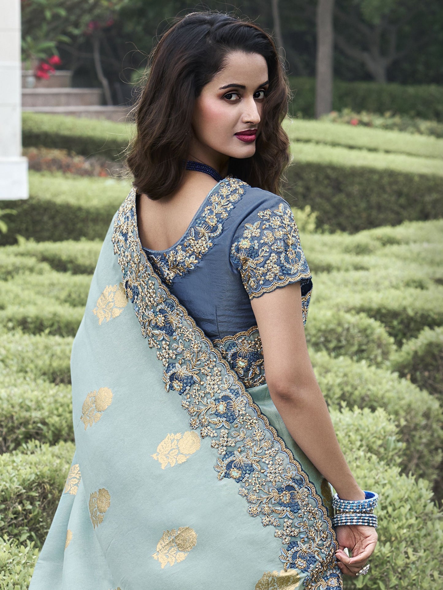 Dark grey color tissue silk saree for women