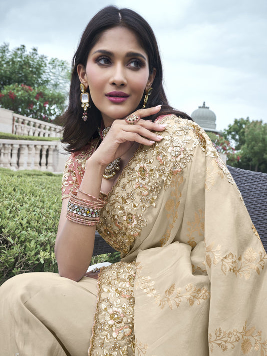 Beige color tissue silk heavy saree for women price