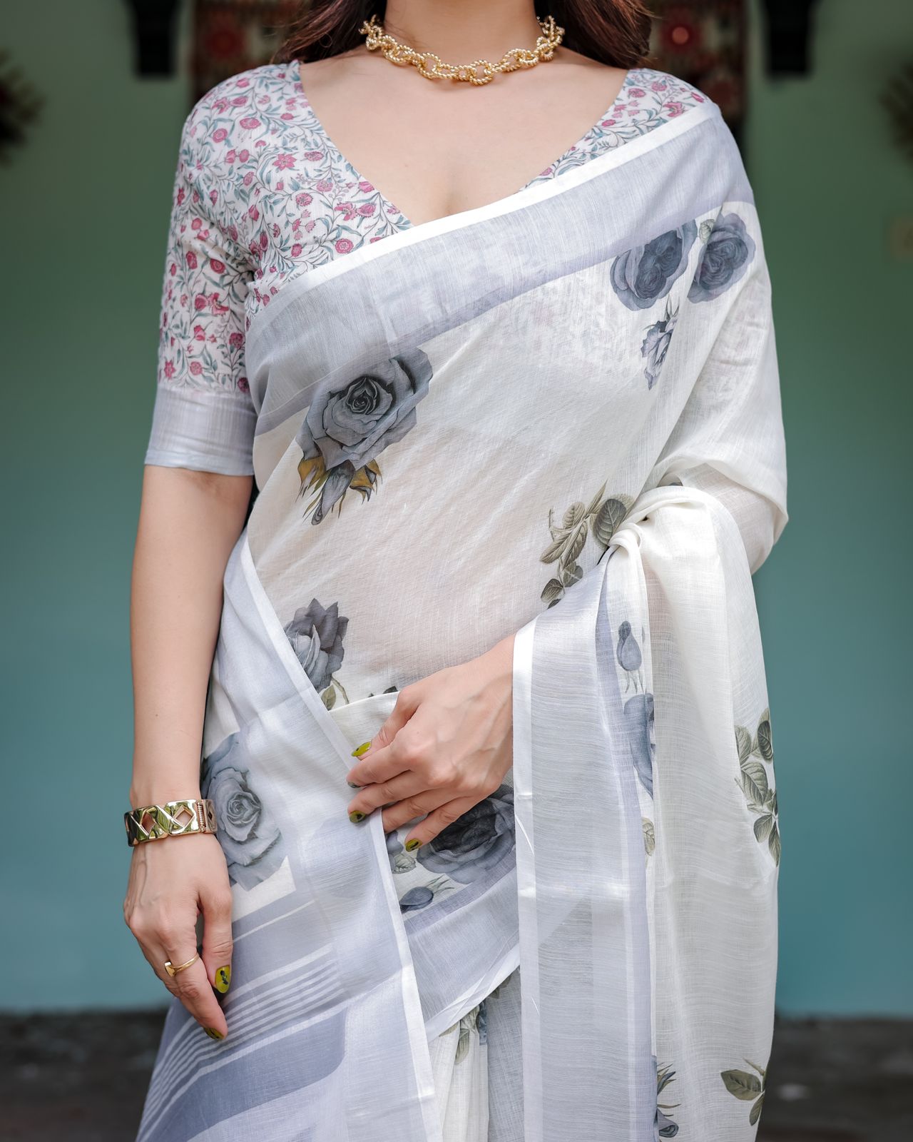 White color linen printed saree with blouse price