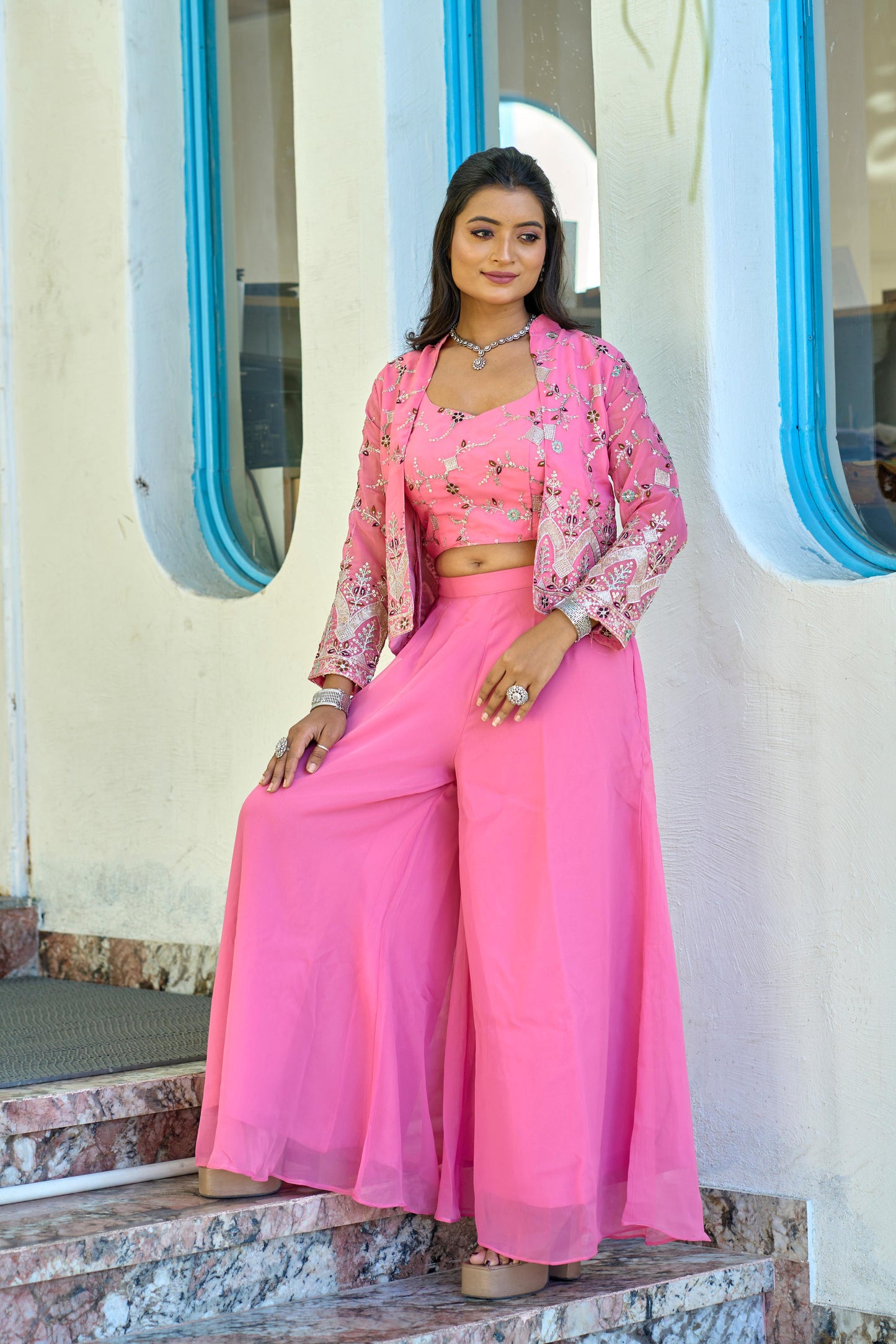 Pink color georgette sharara suit with koti online