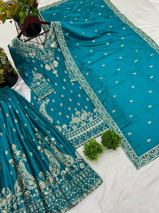 Rama color chinon silk sharara suit for wedding