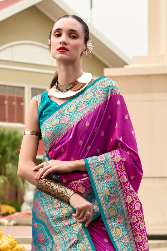 Pink color banarasi silk saree for wedding