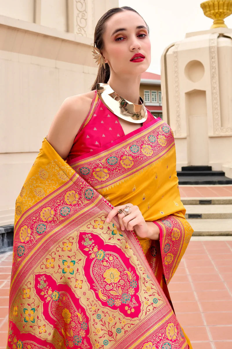 Yellow color banarasi silk saree for women price