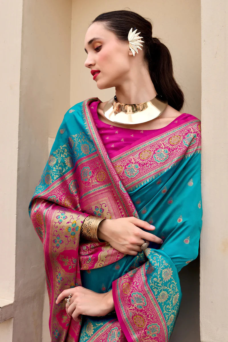 Rama color banarasi silk saree for women price