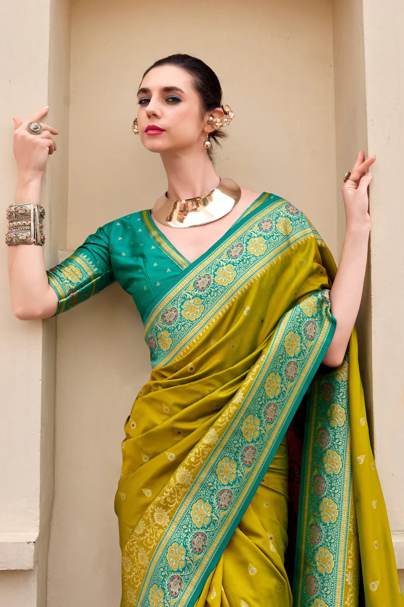 Green color banarasi silk saree with blouse price