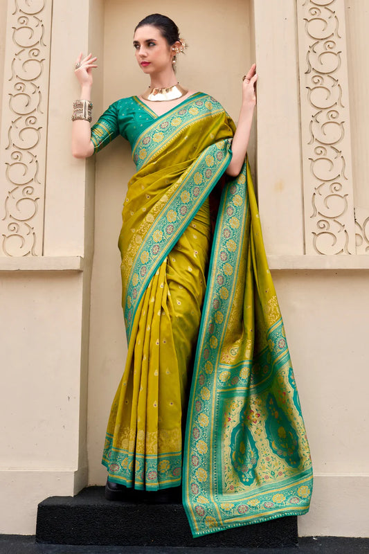Green color banarasi silk saree for wedding