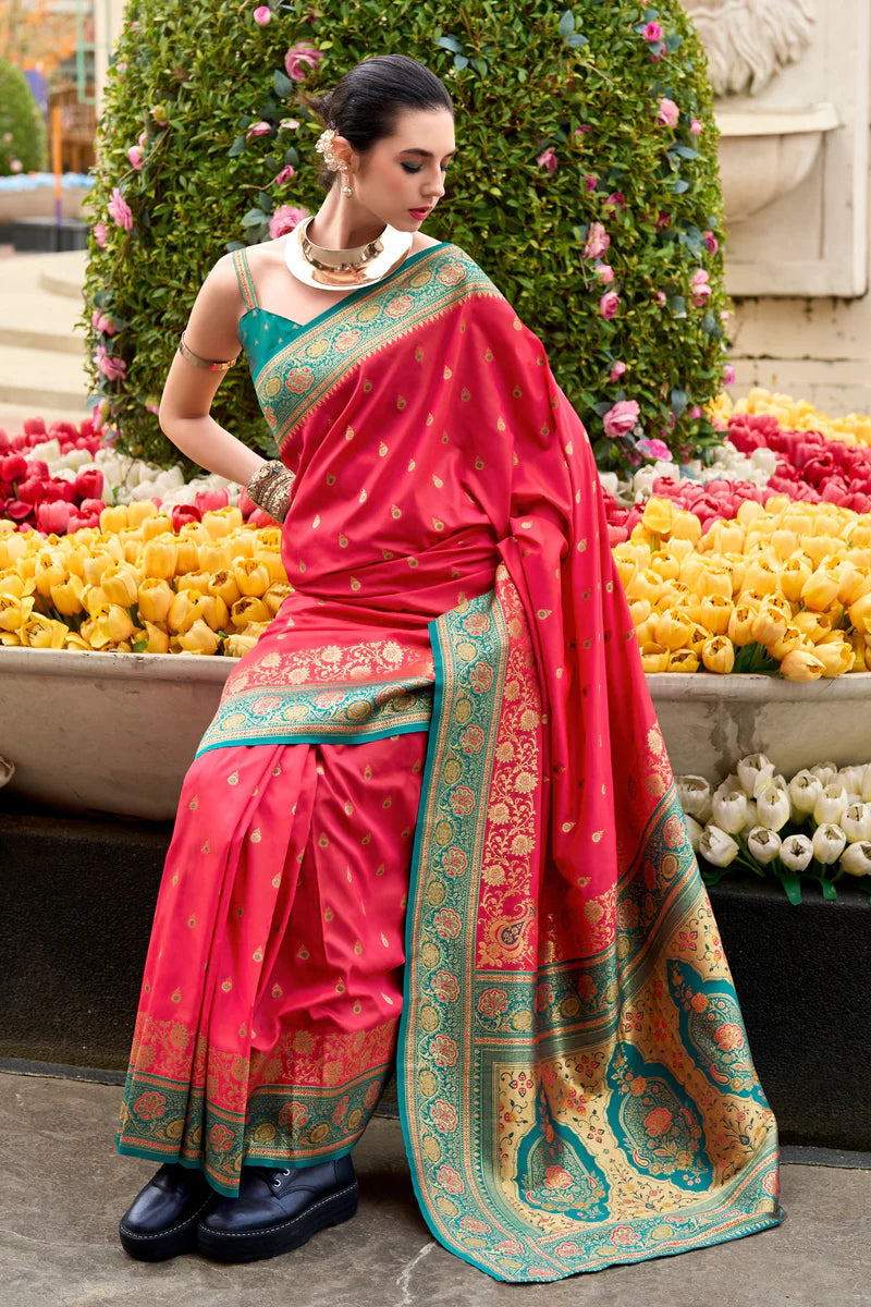 Pink color banarasi silk saree for women with online