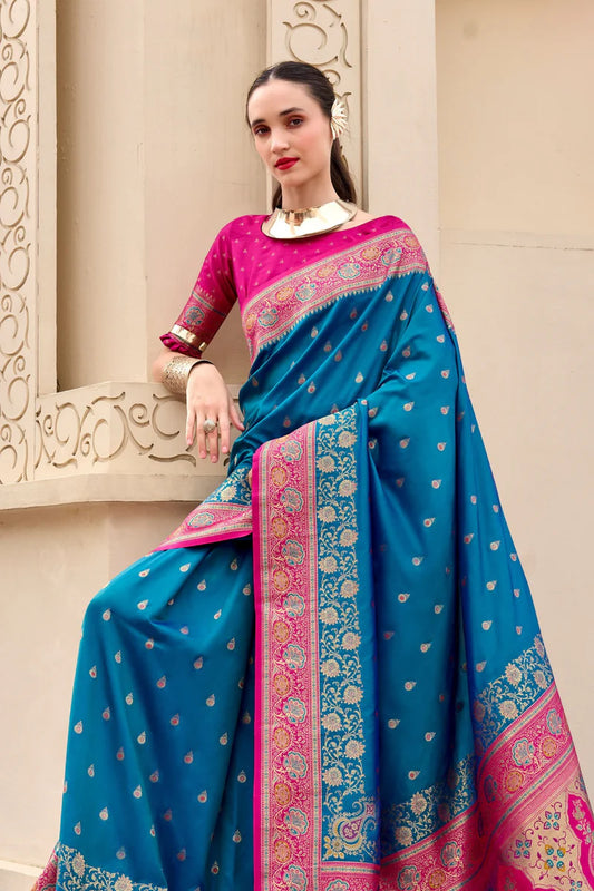 Teal blue color banarasi silk saree for women with price