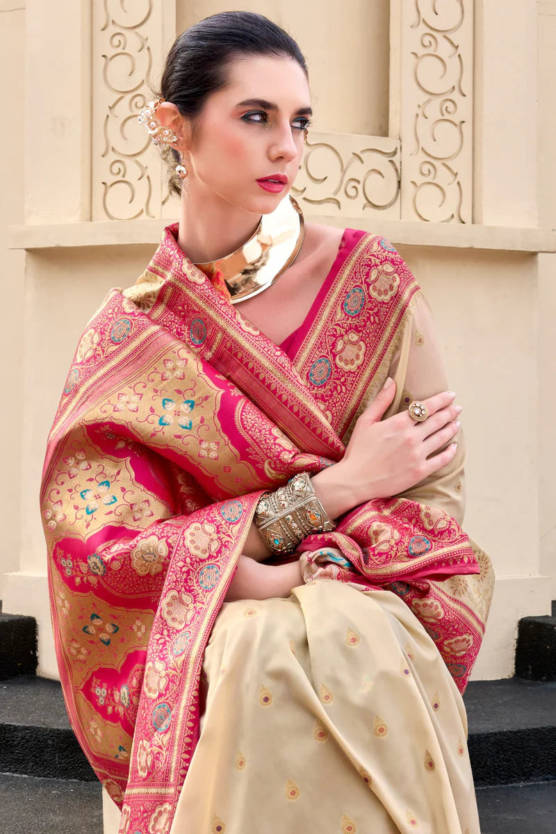Beige color banarasi silk saree for women with online shopping
