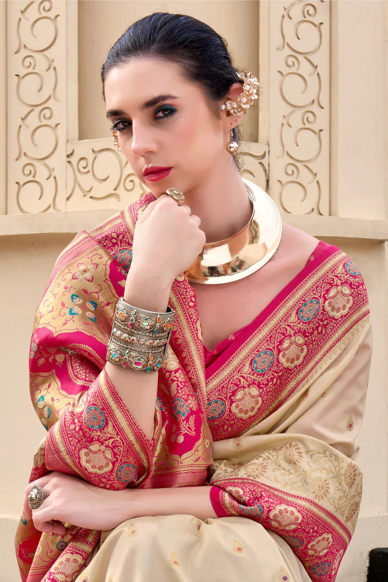 Beige color banarasi silk saree for women with images