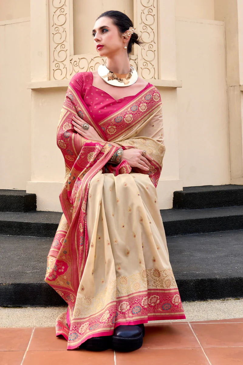 Beige color banarasi silk saree for women with price