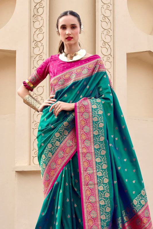Teal green color banarasi silk saree for women with online