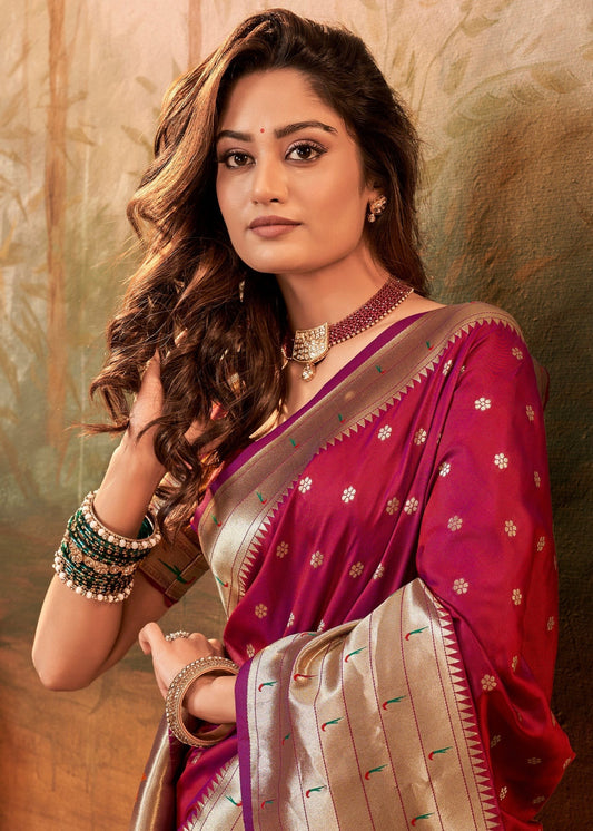 Maroon color paithani silk saree for women online shopping