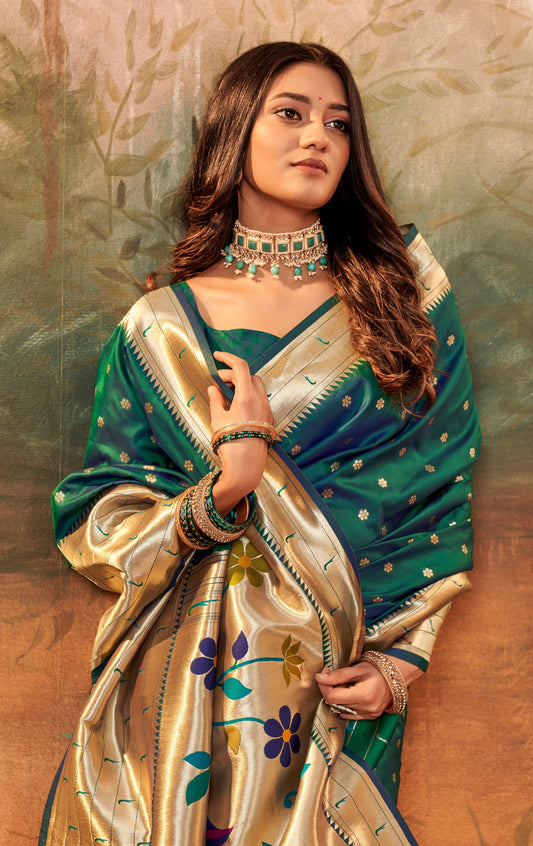Dark green color paithani silk saree for wedding