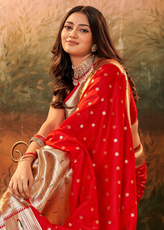Red color paithani silk saree for wedding