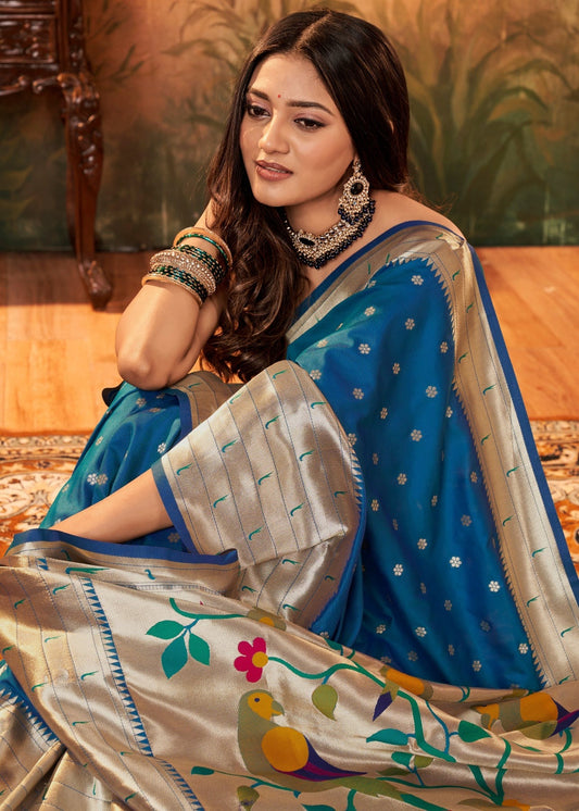 Peacock blue color paithani silk saree for women online shopping