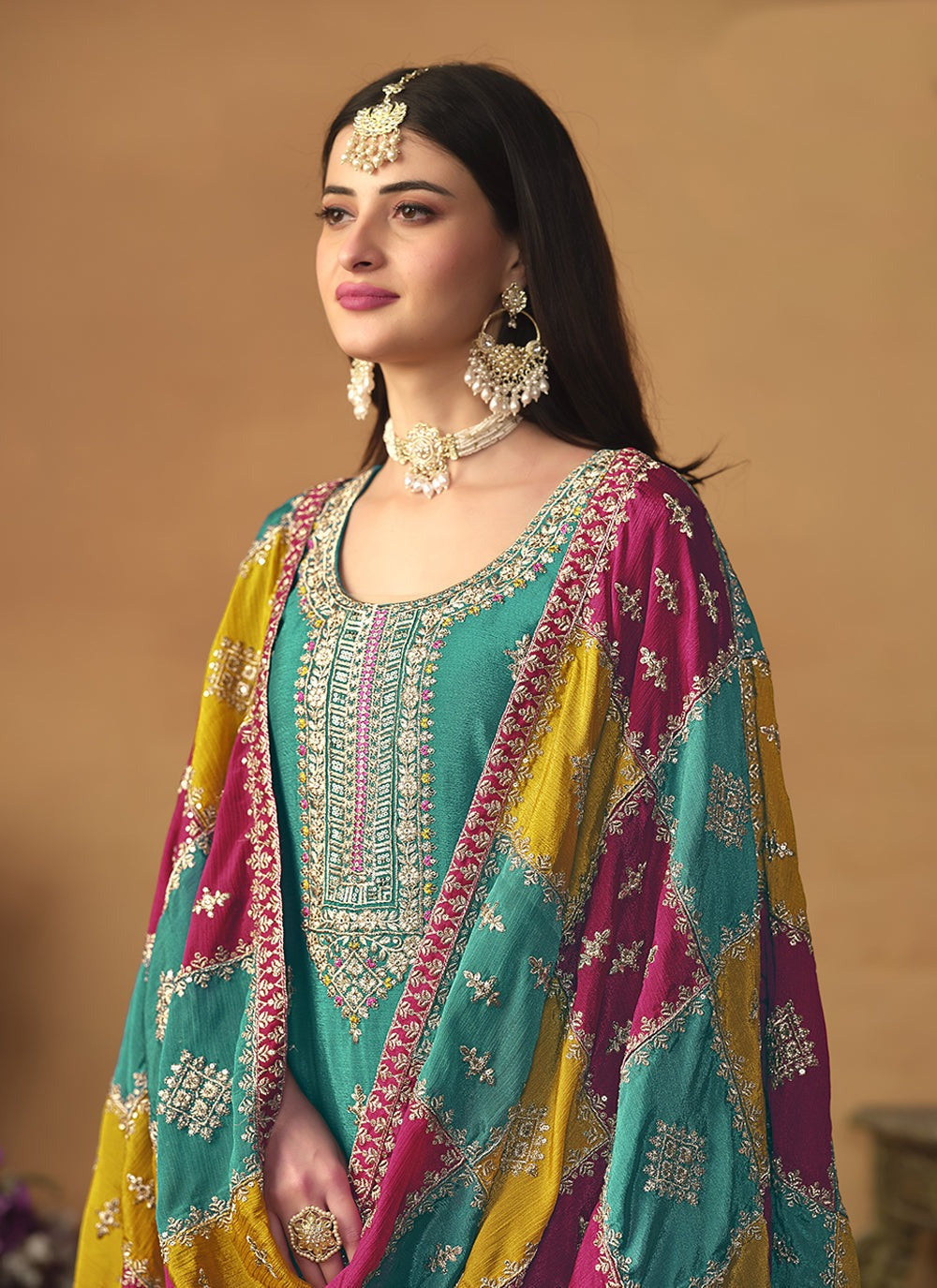 Rama color sequins embroidery work with dupatta online