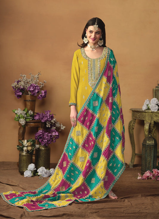 Yellow color sequins work salwar suit with dupatta online