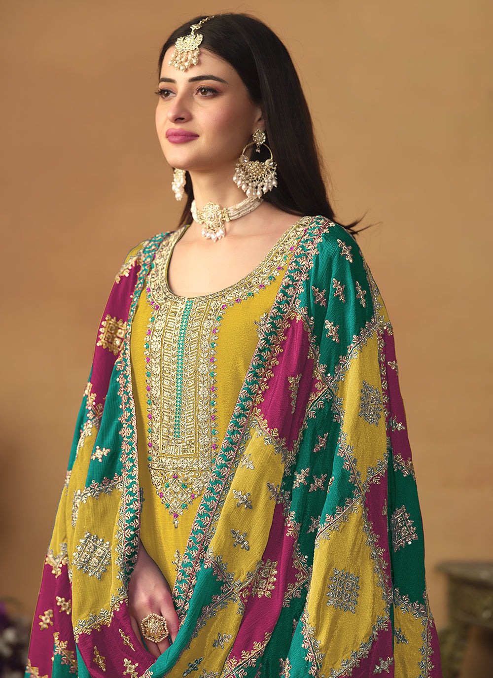 Yellow color sequins work salwar suit with dupatta online