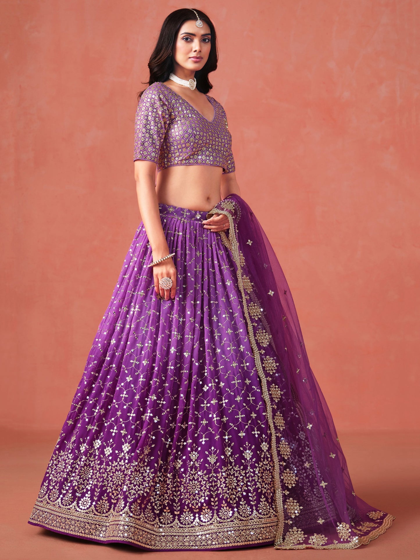 Purple color embroidery work ghagra choli with dupatta