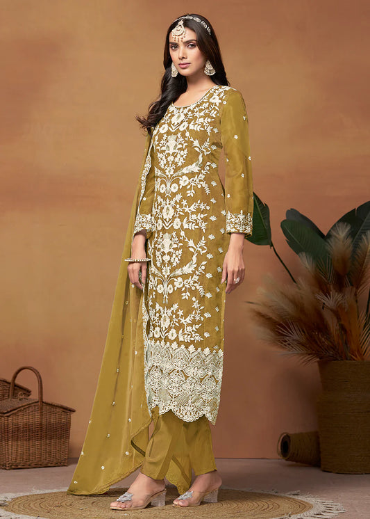 Mustard color organza salwar suit for wedding