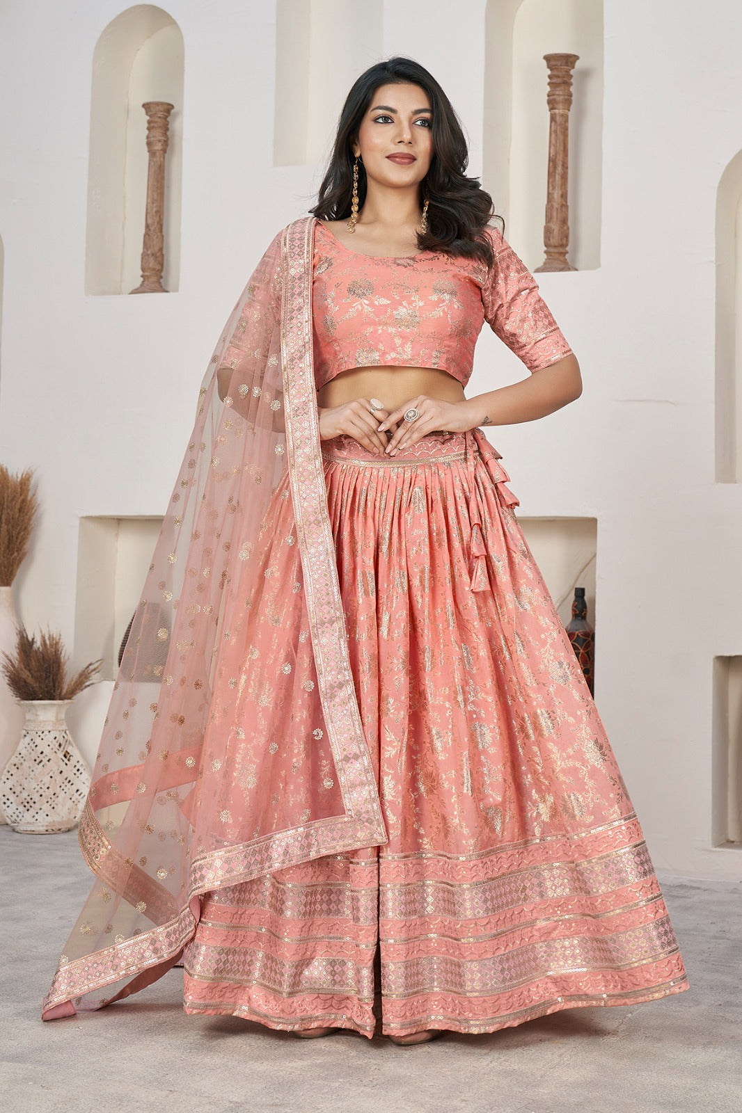 Peach color dola jacquard lehenga choli images