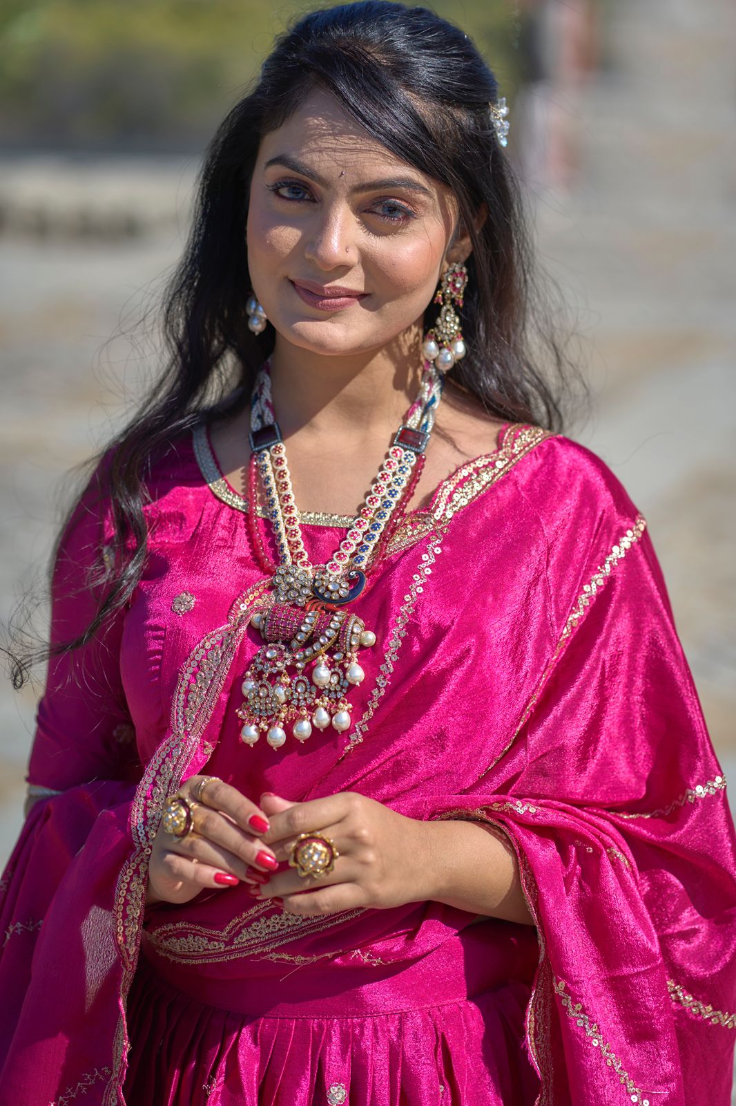 Pink color chinon lehenga choli price