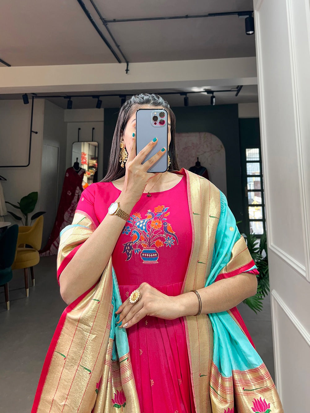 Pink color jacquard silk long gown with dupatta