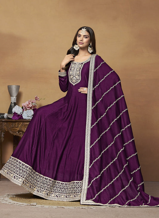 Wine Silk Gown Party Wear