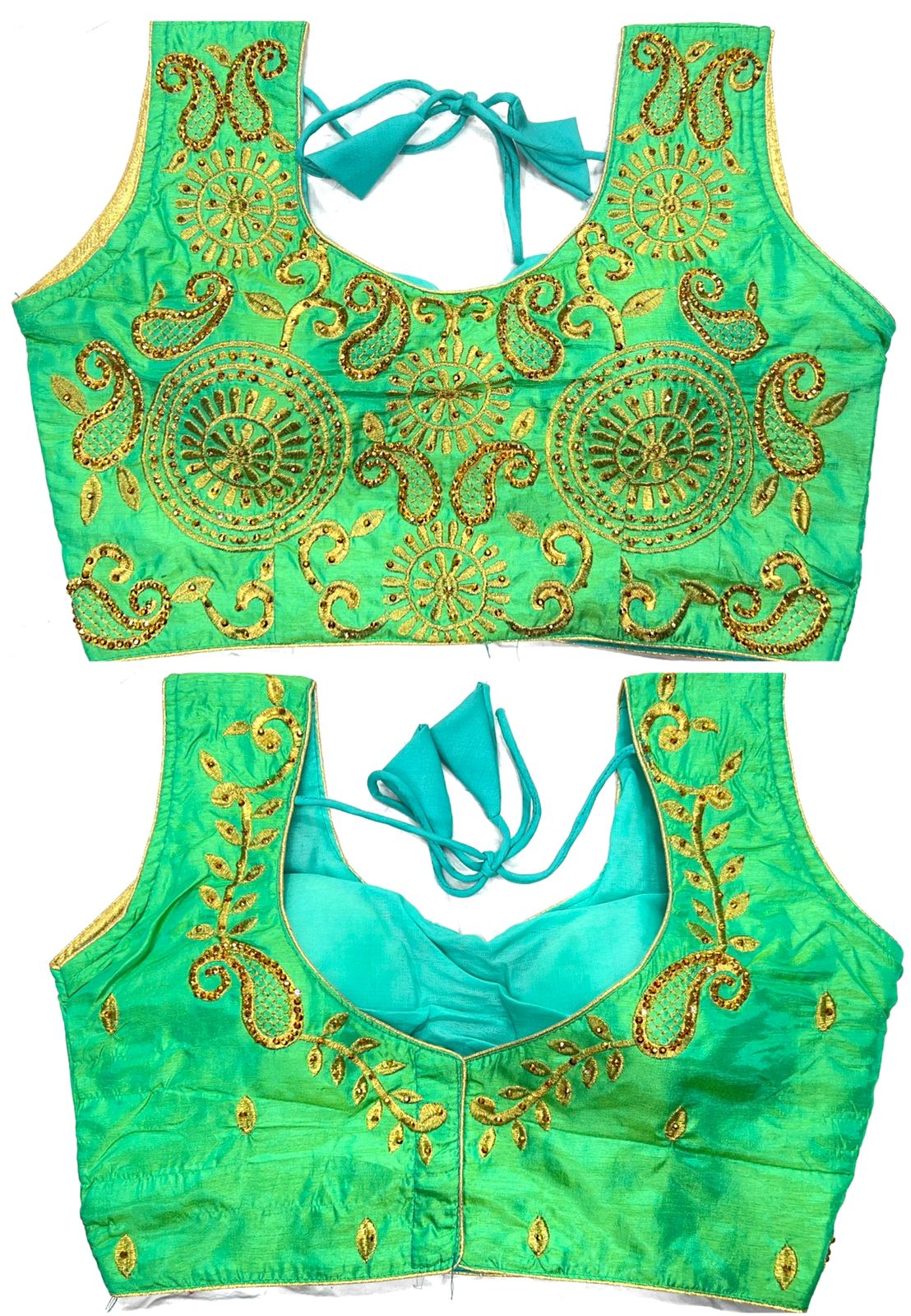 Rama color silk thread work sarees blouse price
