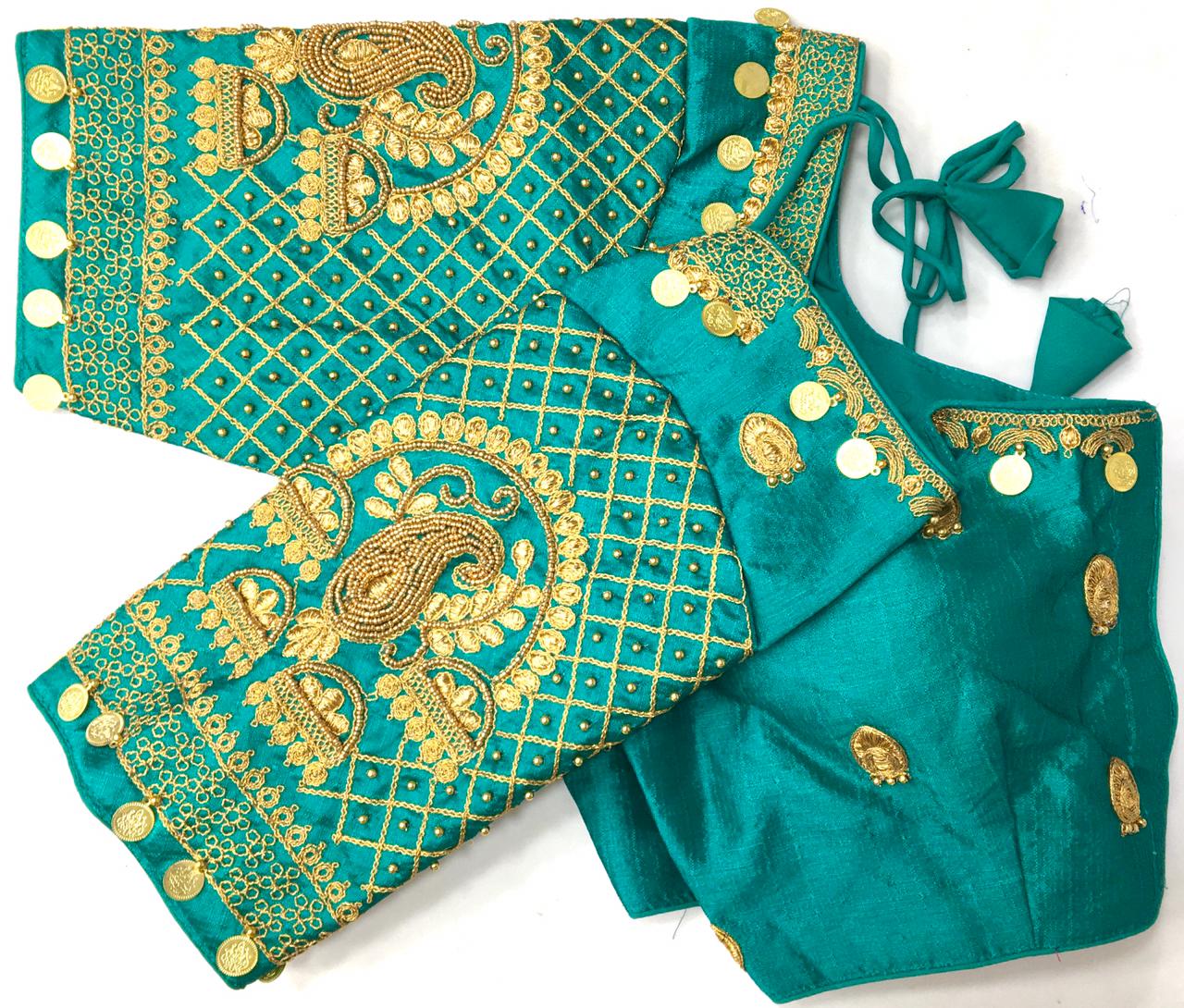 Rama color silk codding work sarees blouse for wedding