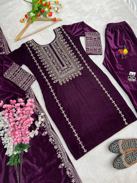 Purple color viscose velvet salwar suit with dupatta
